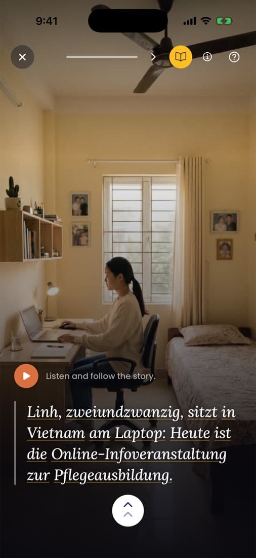Fluedy-App: Story aus dem Kurs Pflegeausbildung, Linh auf ihrem Weg in die Pflege